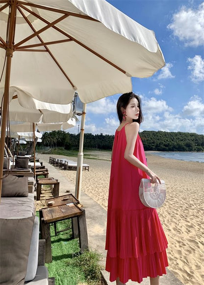 Midi Plain Sleeveless Dress Tiered