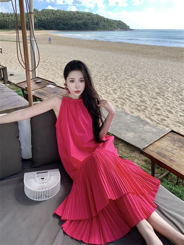 Midi Plain Sleeveless Dress Tiered