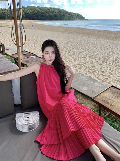 Midi Plain Sleeveless Dress Tiered