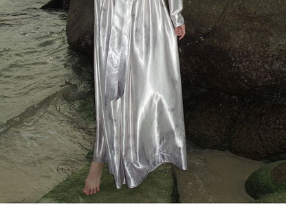 Long-Sleeve Cutout Maxi V-Neck Dress A-Line