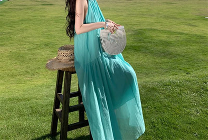 A0-Line Sleeveless Maxi Plain Dress