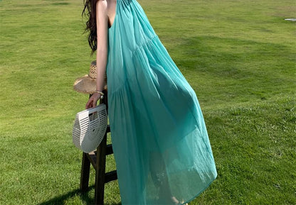 A0-Line Sleeveless Maxi Plain Dress