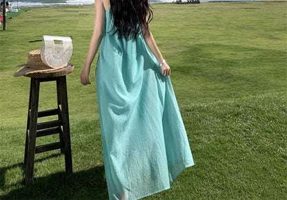 A0-Line Sleeveless Maxi Plain Dress