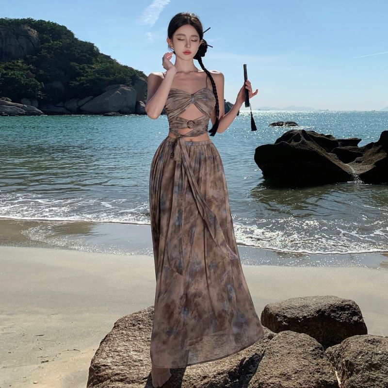 Maxi Skirt Tie Waist Crop Set: Dye + Camisole Top High A-Line