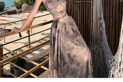 Maxi Skirt Tie Waist Crop Set: Dye + Camisole Top High A-Line