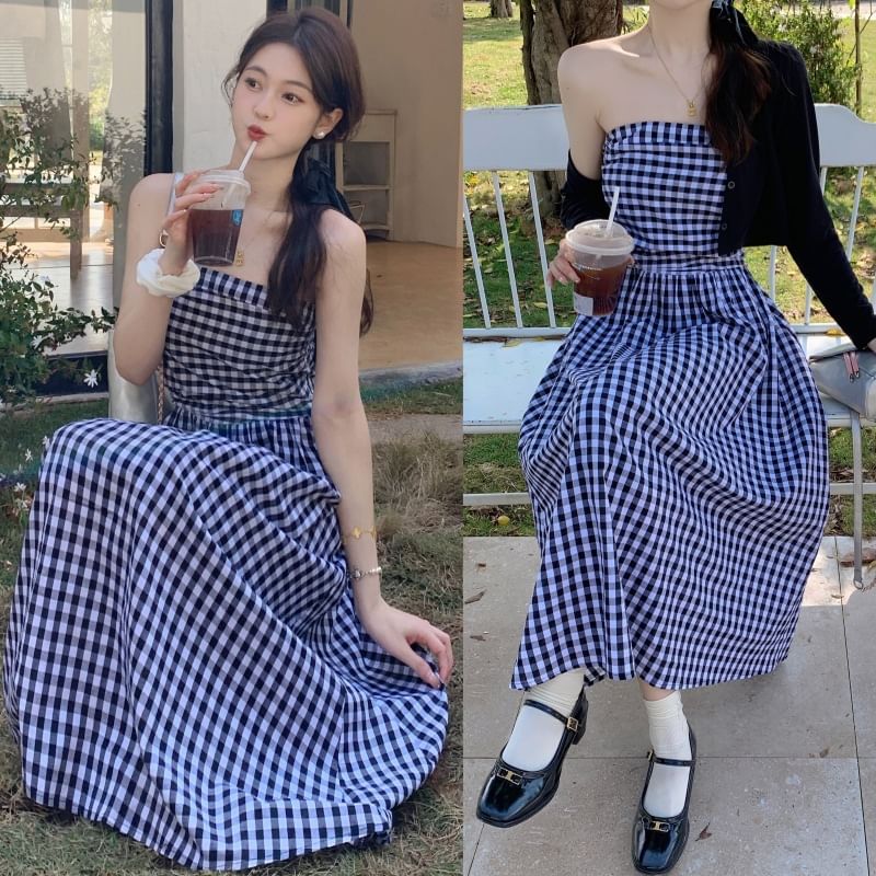 Maternity Open Front Cardigan / Thin Strap Plaid Midi A-Line Dress