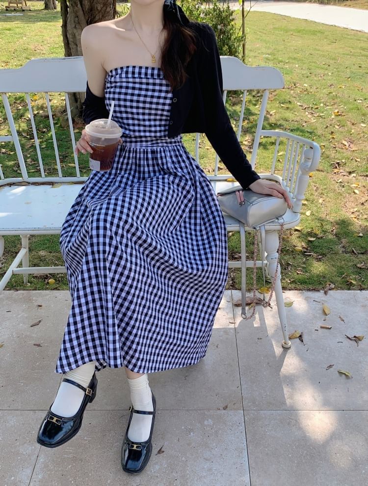 Maternity Open Front Cardigan / Thin Strap Plaid Midi A-Line Dress