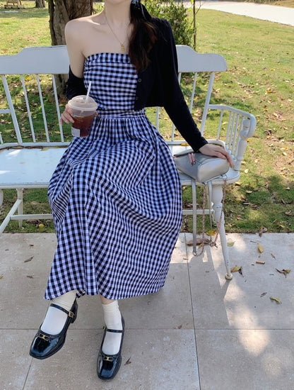 Maternity Open Front Cardigan / Thin Strap Plaid Midi A-Line Dress