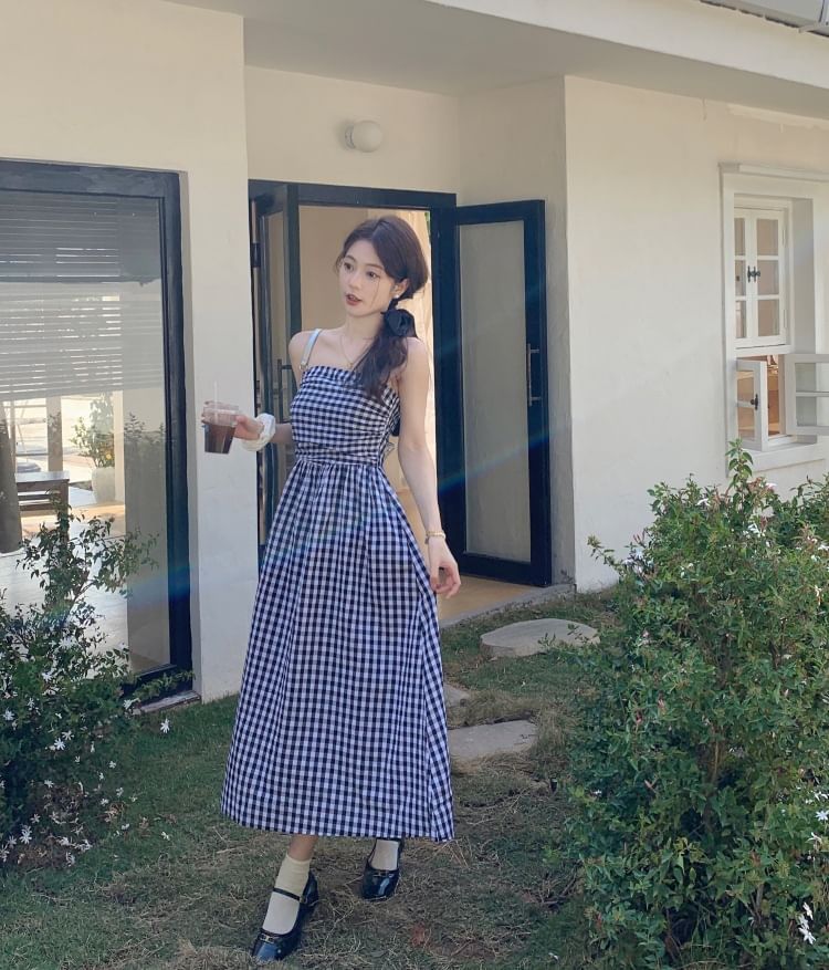 Maternity Open Front Cardigan / Thin Strap Plaid Midi A-Line Dress