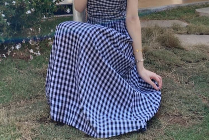 Maternity Open Front Cardigan / Thin Strap Plaid Midi A-Line Dress