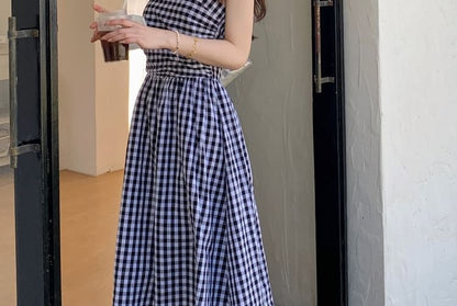 Maternity Open Front Cardigan / Thin Strap Plaid Midi A-Line Dress