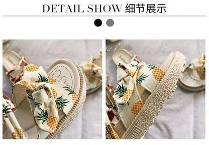 Platform Fruit Print Bow Slide Sandals