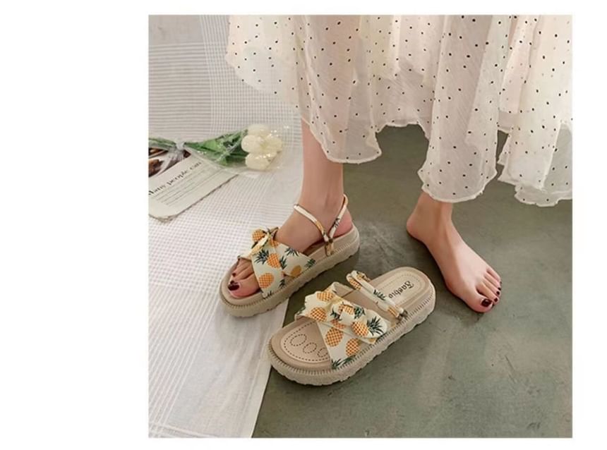 Platform Fruit Print Bow Slide Sandals