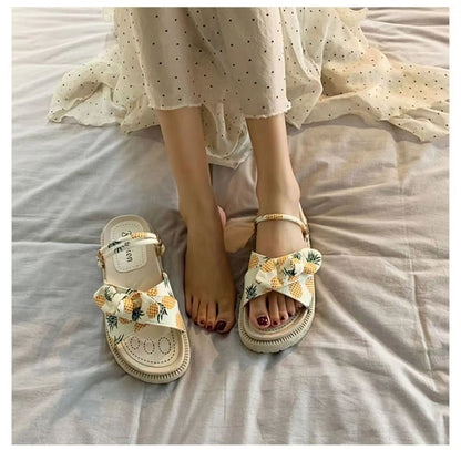 Platform Fruit Print Bow Slide Sandals