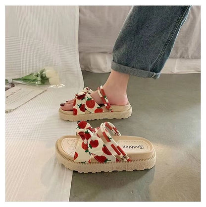 Platform Fruit Print Bow Slide Sandals