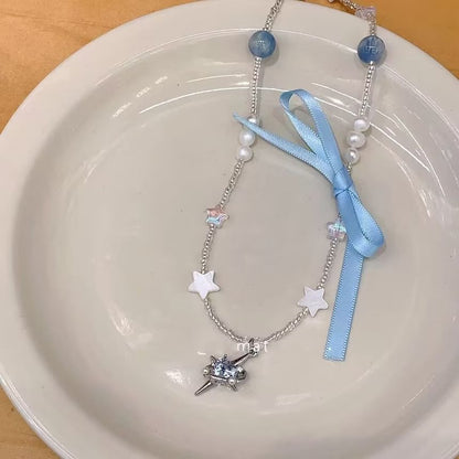 Pendant Ribbon Necklace Rhinestone