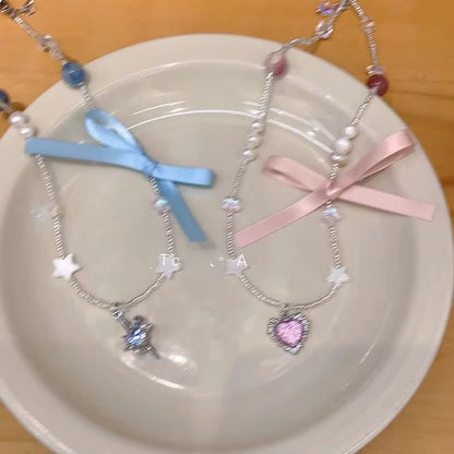 Pendant Ribbon Necklace Rhinestone