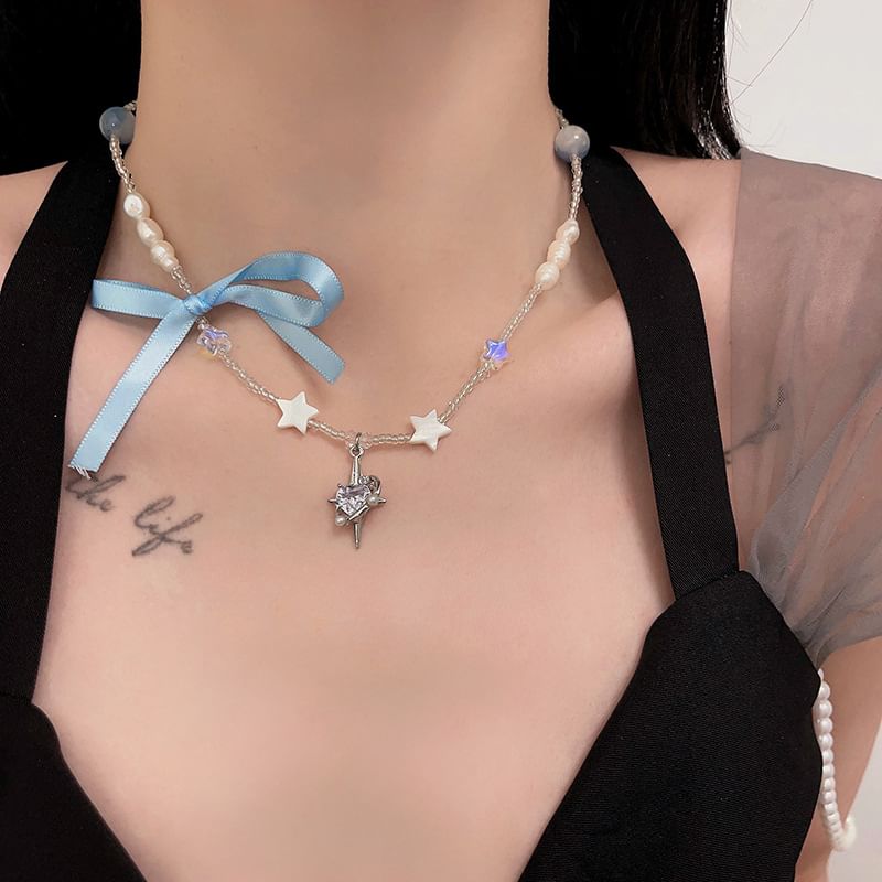 Pendant Ribbon Necklace Rhinestone