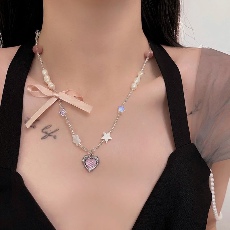 Pendant Ribbon Necklace Rhinestone