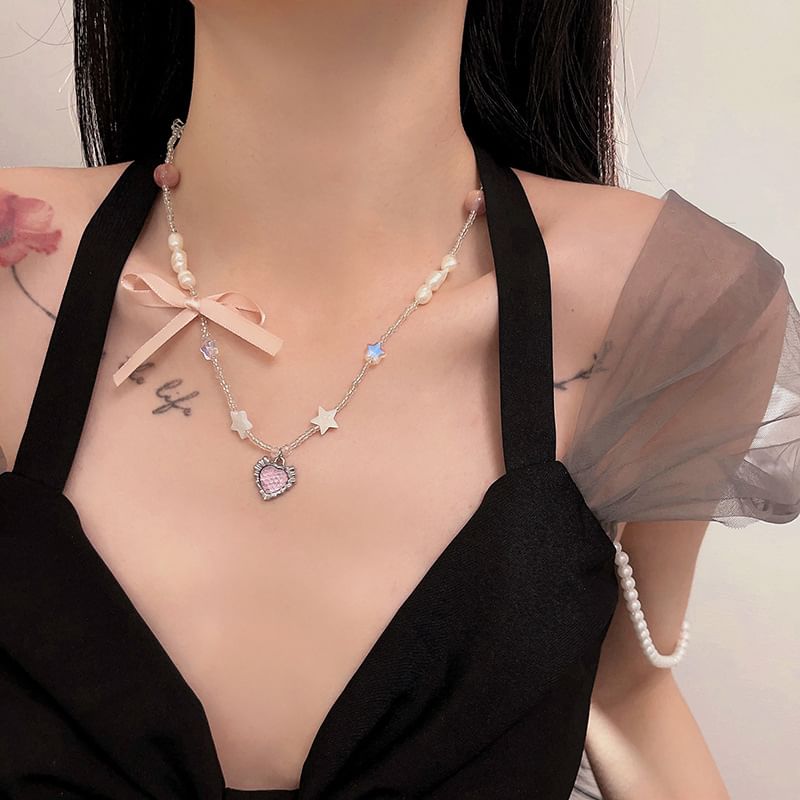 Pendant Ribbon Necklace Rhinestone