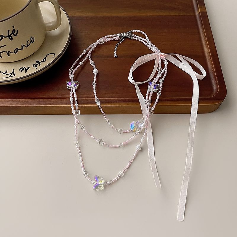 Butterfly Bead Ribbon Layered Necklace
