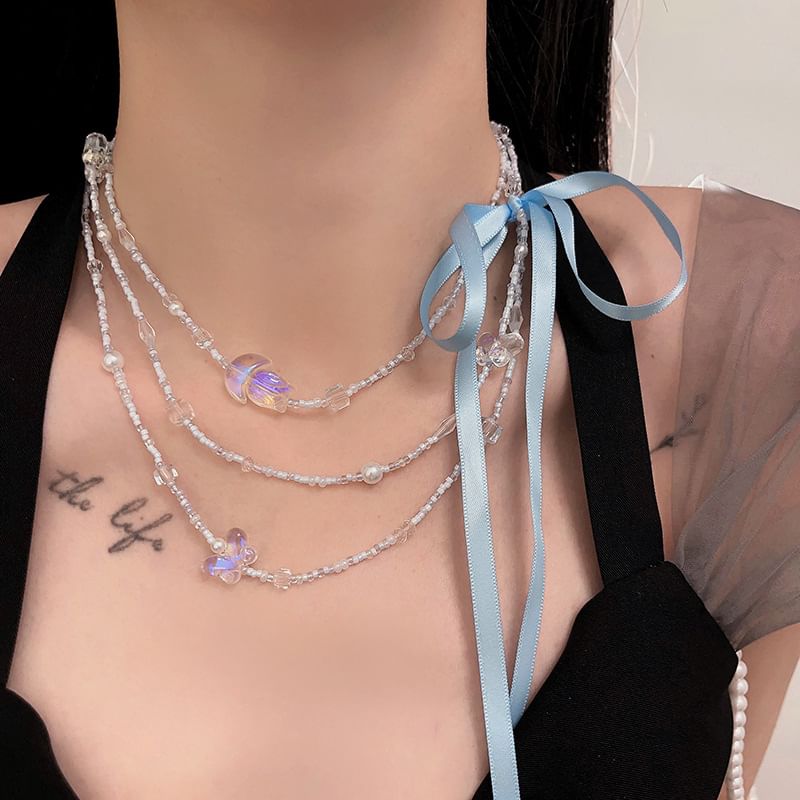 Butterfly Bead Ribbon Layered Necklace