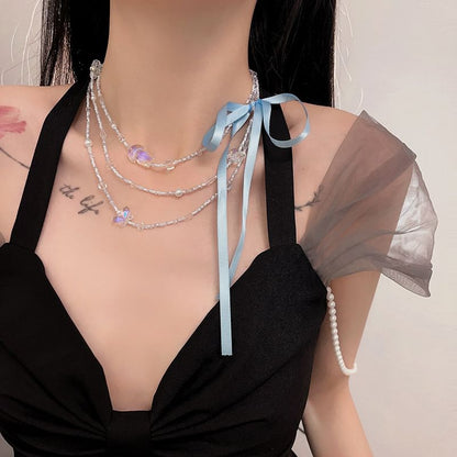 Butterfly Bead Ribbon Layered Necklace