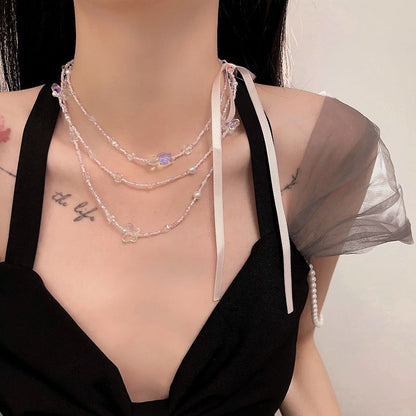 Butterfly Bead Ribbon Layered Necklace