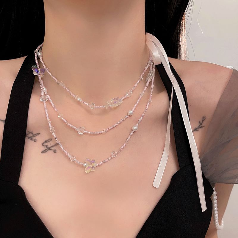 Butterfly Bead Ribbon Layered Necklace