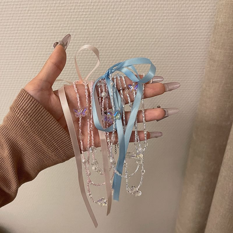 Butterfly Bead Ribbon Layered Necklace