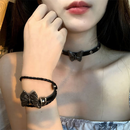 Leather Butterfly Choker / Bracelet Faux