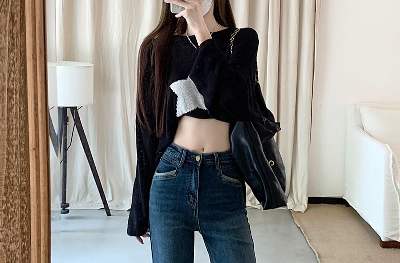 High Waist Washed Panel Cropped Straight Leg Jeans