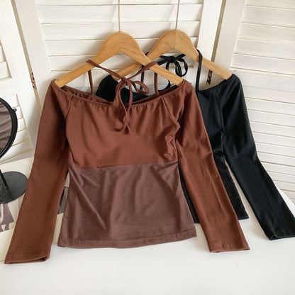 T-shirt à manches longues avec empiècement en maille et épaules dénudées