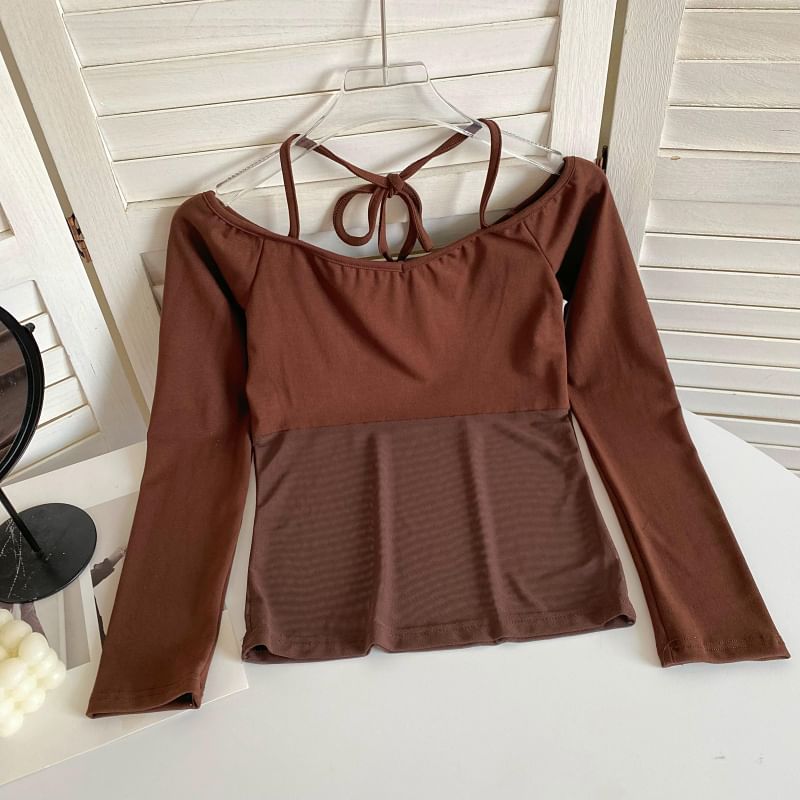 Long-Sleeve Halter Off-Shoulder Mesh Panel T-Shirt