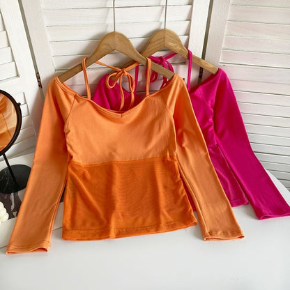 T-shirt à manches longues avec empiècement en maille et épaules dénudées