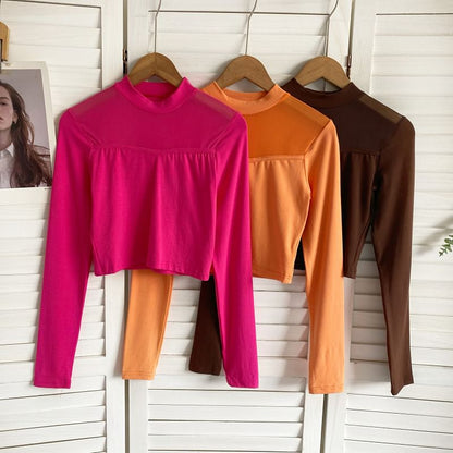 T-shirt court à manches longues et col ras du cou avec empiècement en maille unie