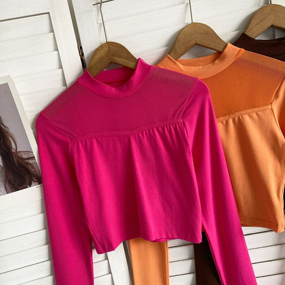 T-shirt court à manches longues et col ras du cou avec empiècement en maille unie