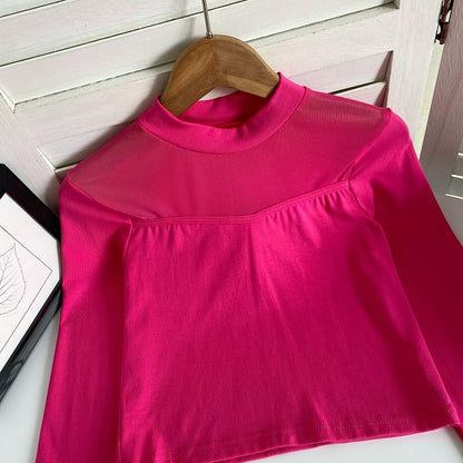 T-shirt court à manches longues et col ras du cou avec empiècement en maille unie