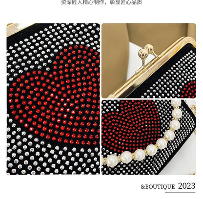 Heart Patterned Rhinestone Kiss Lock Faux Pearl Handle Evening Bag