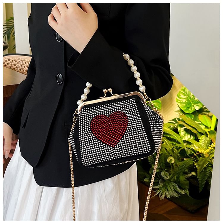 Heart Patterned Rhinestone Kiss Lock Faux Pearl Handle Evening Bag