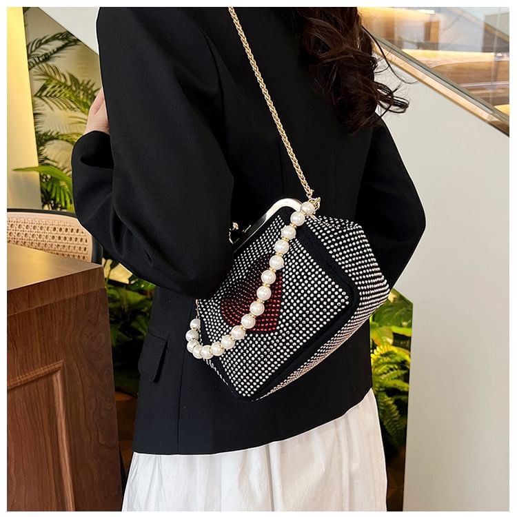 Heart Patterned Rhinestone Kiss Lock Faux Pearl Handle Evening Bag