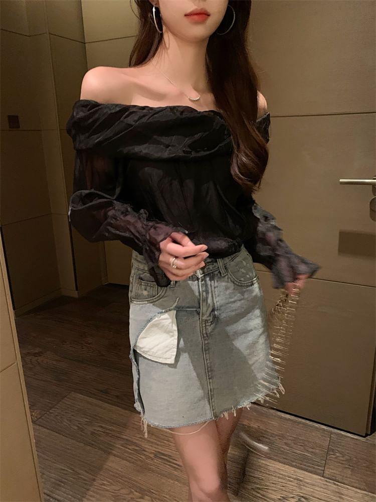 Long-Sleeve Off-Shoulder Plain Blouse