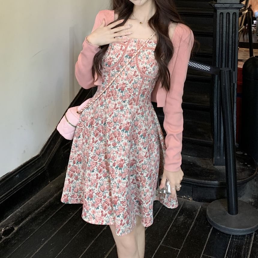 Spaghetti Strap Square Neck Floral Print Mini A-Line Dress / Plain Open Front Crop Cardigan