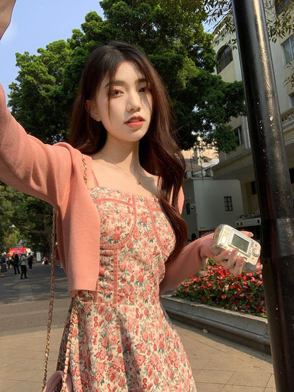 Spaghetti Strap Square Neck Floral Print Mini A-Line Dress / Plain Open Front Crop Cardigan