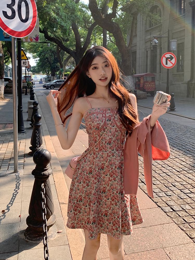 Spaghetti Strap Square Neck Floral Print Mini A-Line Dress / Plain Open Front Crop Cardigan