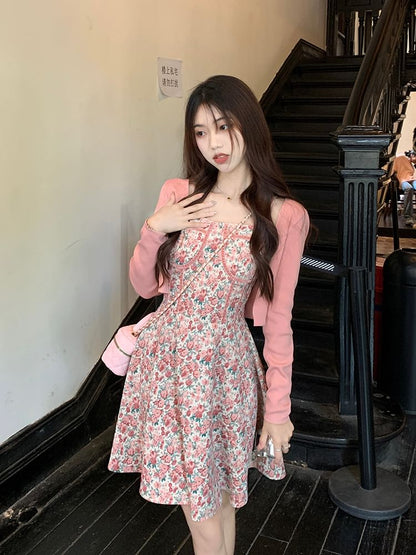 Spaghetti Strap Square Neck Floral Print Mini A-Line Dress / Plain Open Front Crop Cardigan