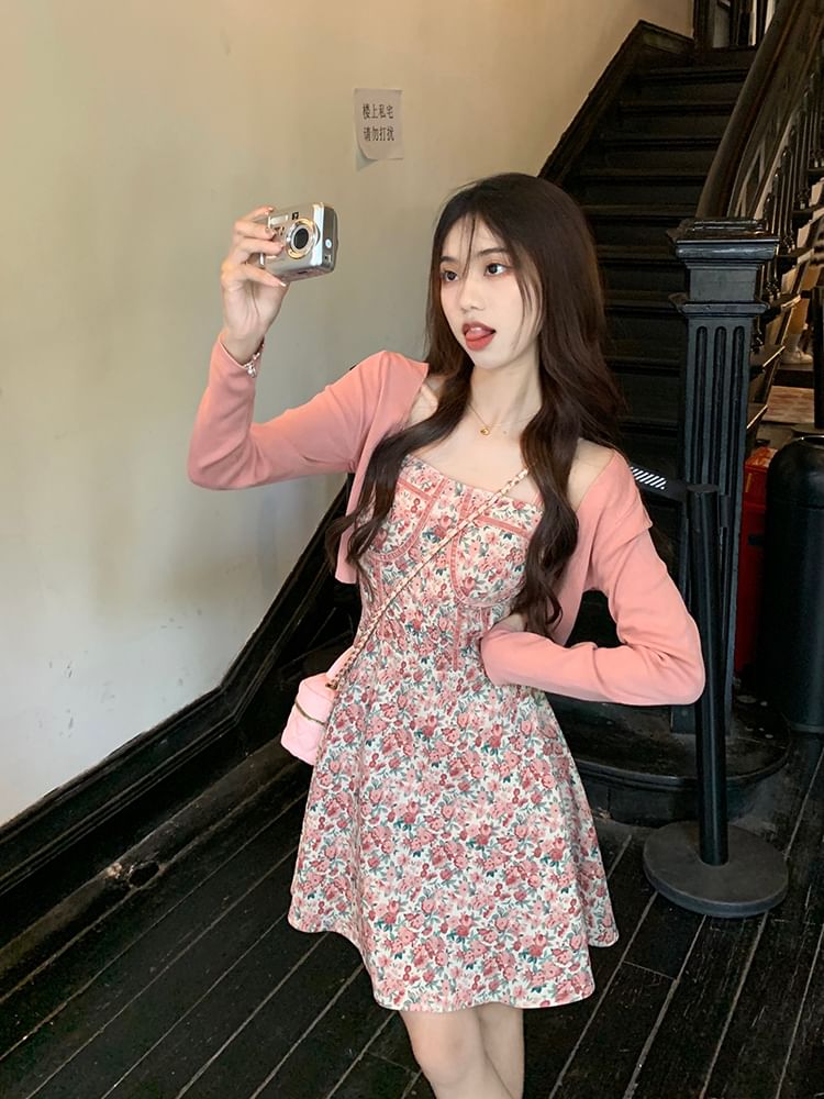 Spaghetti Strap Square Neck Floral Print Mini A-Line Dress / Plain Open Front Crop Cardigan