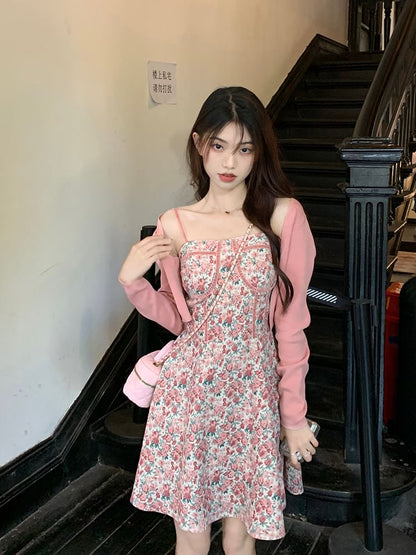 Spaghetti Strap Square Neck Floral Print Mini A-Line Dress / Plain Open Front Crop Cardigan