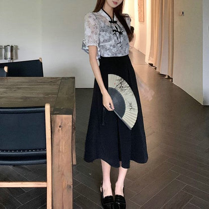 Set: Spaghetti Strap Plain Midi A-Line Dress  + Short-Sleeve Floral Blouse