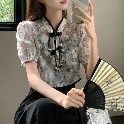 Set: Spaghetti Strap Plain Midi A-Line Dress  + Short-Sleeve Floral Blouse